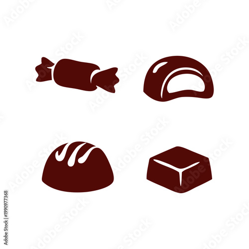 Chocolate sweets. Monochrome vector set of chocolate candies of various shapes.
