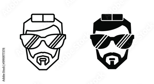 Man with beard and sunglasses icon set in linear and solid black vector portrait style