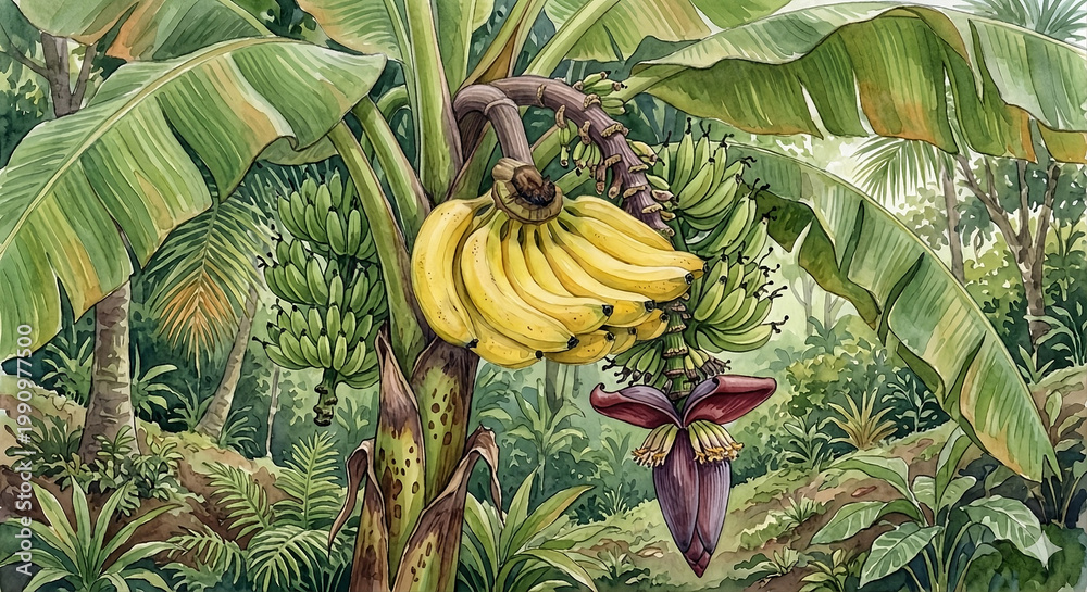 Obraz premium Watercolor banana tree in tropical garden