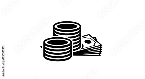 An illustration shows stacks of coins and bills on a surface.