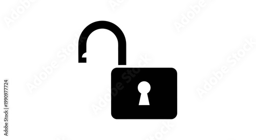 A black illustration of an open padlock with a keyhole on a white background.