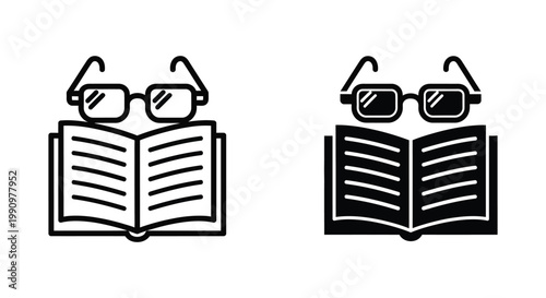 Open book with reading glasses icon in line and solid black vector style