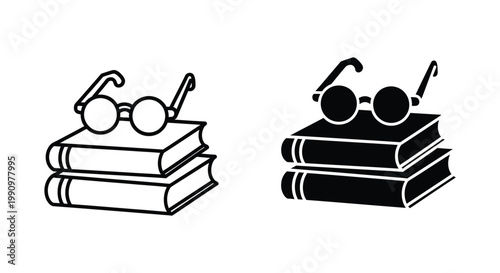 Stack of books with reading glasses icon in line and solid black vector style