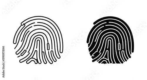 Unique human fingerprint identity icon set in line art and solid black vector graphic