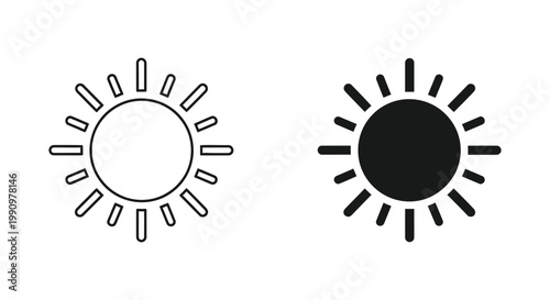Sun weather icon set in simple outline and solid black vector style for mobile interface