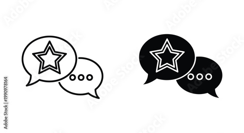 Speech bubble with star rating icon set in outline and solid black vector design style