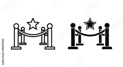 Red carpet stanchion barrier icon set in line art and solid black vector illustration
