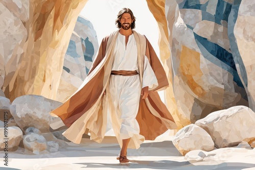 Jesus walking out of the tomb in white and brown robes, a symbolic scene of resurrection and hope