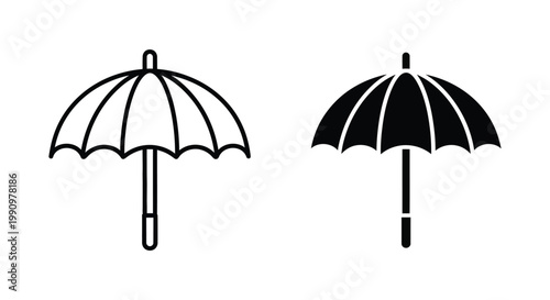 Open umbrella weather protection icon set in line art and solid black vector graphics