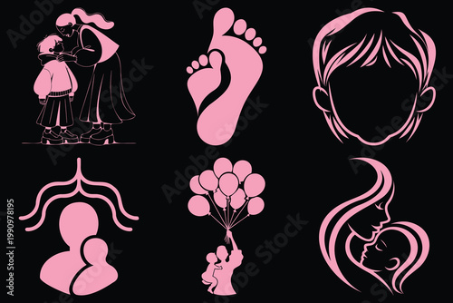 Illustrations portraying motherly love, featuring a mother with child, a heart-shaped footprint, and other emotive designs.
