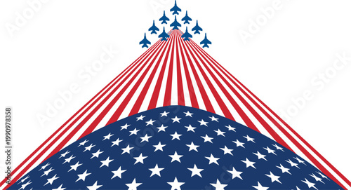 Patriotic American Military Jet Formation Flying Over Stylized United States Flag Stars and Stripes for Fourth of July Veterans Day and Memorial Day Designs