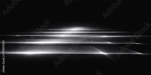 Abstract Horizontal Light Trails Background, Futuristic White Glow Lines on Black, High Speed Data Stream Concept, Minimal Tech Motion Banner with Copy Space