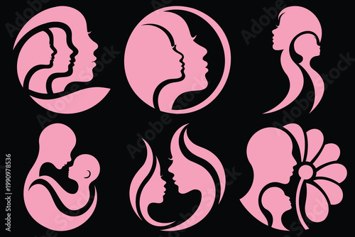 Abstract motherhood illustrations collection with circular and floral motifs for baby care branding and feminine identity vector design.