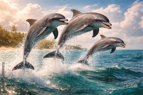 Smart marine dolphins displaying sociable and energetic jumping actions