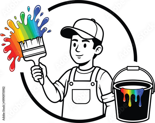 Professional House Painter Mascot Vector Illustration with Rainbow Paint Splash Brush and Bucket for Home Improvement Renovation and Commercial Painting Service Branding