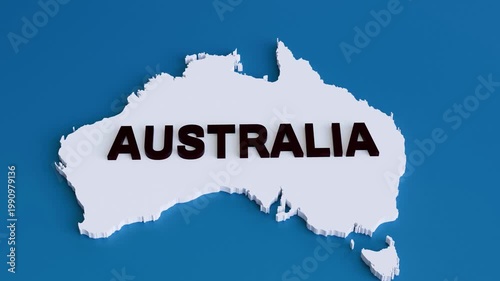 Australia 3D Map Zoom In Camera Animation on Blue Background — 4K 3D Video Animation of White Geographic Map of Australia