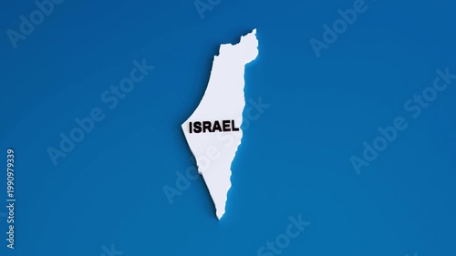 Israel map concept shown with 3d white map of Israel and bold text on solid blue background in smooth zoom out animation