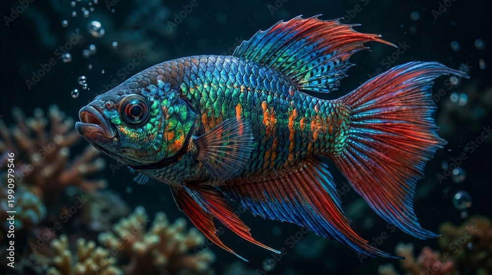 Fototapeta premium Close-up side view of a vibrant, iridescent tropical fish swimming in a dark underwater aquarium environment with air bubbles