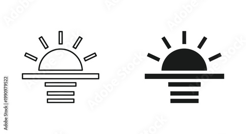 Sunset over horizon water vector icon set for weather reports and travel and nature themes