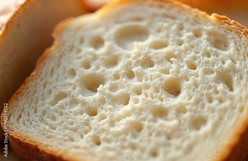 Close up of freshly baked bread slice with soft crumb and golden crust. Appetizing texture detail of loaf ready for eating. Healthy carb food for breakfast or snack.