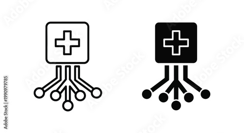 Medical network node icon set with cross symbol in flat and outline vector graphic design