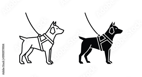 Dog on leash vector icon set in outline and solid black style for pet walking service