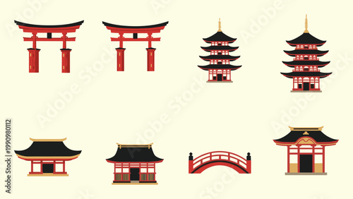 Temple icons pagoda torii shrine bridge roof red black gold set japan mon vector illustration