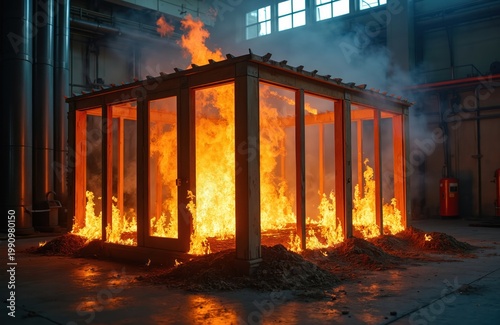 Wooden structure with glass walls engulfed in intense flames during a fire resistance test. Smoke rises as fire burns intensely inside laboratory conditions, showing destructive heat and danger.