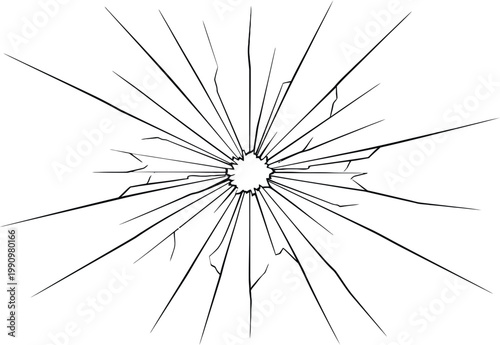 Cracked glass with sharp radial fractures and central impact point