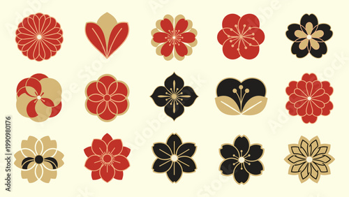 Floral medallion symmetric japanese red gold geometric emblem textile crest petal radial monogram vector illustration