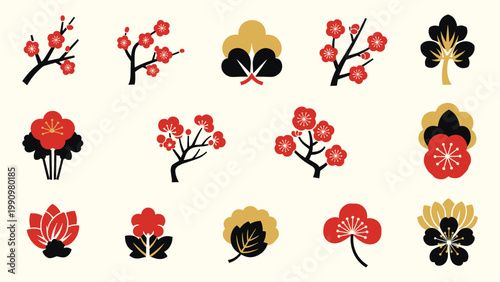 Japanese botanical motif set featuring plum blossom and pine tree branch vector illustration