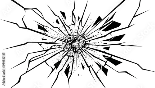 Cracked glass with sharp shards radiating from impact point