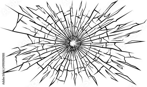 Cracked glass with sharp shards radiating from central impact point