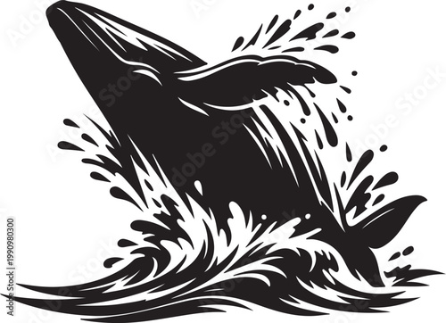 Powerful Whale Splash Silhouette majestic ocean giant breaching through waves, bold black vector Illustration, dynamic water motion, minimalist high contrast
