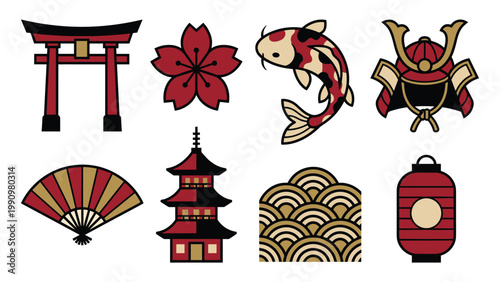 Japanese symbols with koi fish torii gate and vector illustration for travel or oriental art design