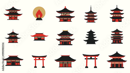 Japanese temple icons pagoda torii shrine gate buddha silhouette set red black gold vector illustration