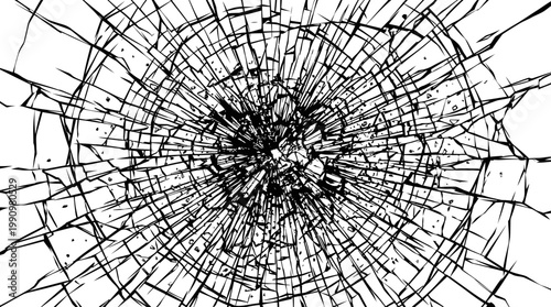 Fotografie Cracked glass with sharp broken shards and fragments scattered everywhere