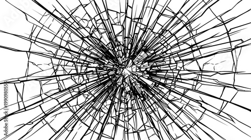 Quadro su tela Cracked glass with sharp shards radiating outward on a white background