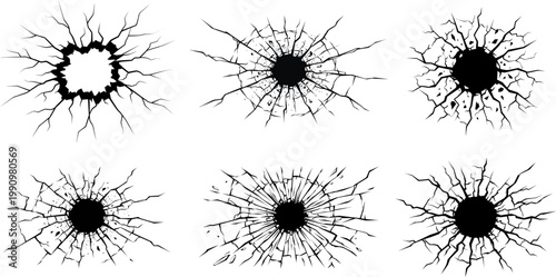 Shattered glass cracks and breaks in various explosion impacts