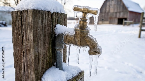 Frozen outdoor brass water faucet covered in icicles on a snowy farmstead in winter