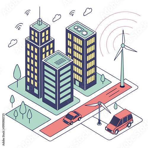 A city street with buildings and a wind turbine