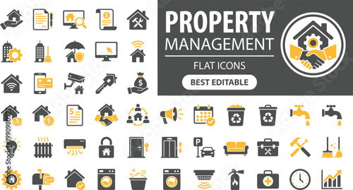 property management and rental services solid icon set building, leasing, maintenance, tenant, contract, agency, mortgage, security, home, realtor vector editable