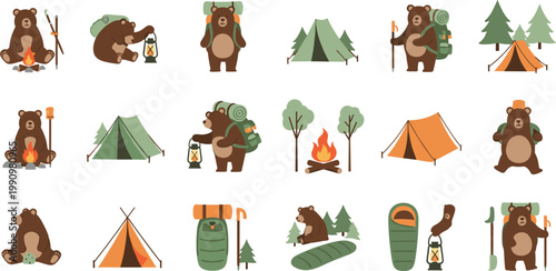 Cute bear camping icons set with tents, backpacking gear and outdoor elements illustrated in playful flat style