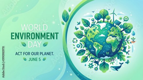 Sustainable planet illustration surrounded by greenery energy icons and wildlife elements conveying eco awareness message and environmental protection concept for global campaign design