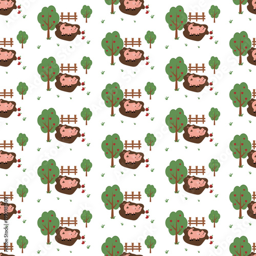 Children's farm pattern. A cute pig plays in a puddle and eats apples.