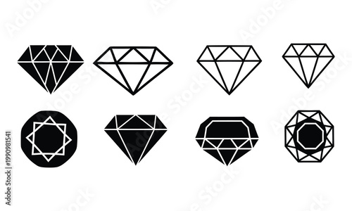 Diamond Icon Set with Gem Shapes in Outline and Solid Style Isolated on White Background