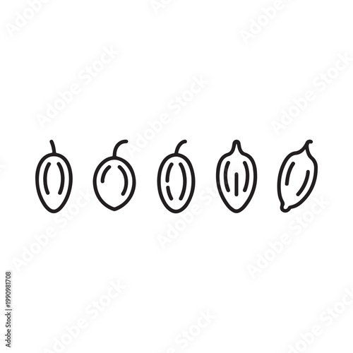 Line drawing of six almond shaped objects in a horizontal arrangement