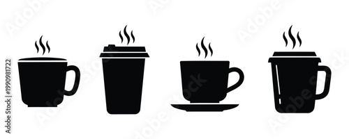 Hot Coffee Cup Icons Set – Tea Mug and Beverage Silhouette Collection