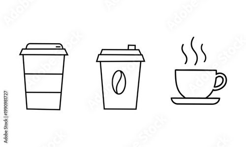 Coffee and Tea Cup Outline Icon Set with Takeaway Cups and Hot Drink Symbols on White Background