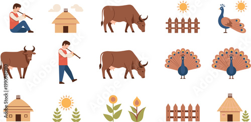Traditional Rural Village Life Vector Icon Set Featuring Cow Peacock Shepherd Playing Flute Thatched Hut and Farm Elements for Cultural and Agricultural Graphic Designs